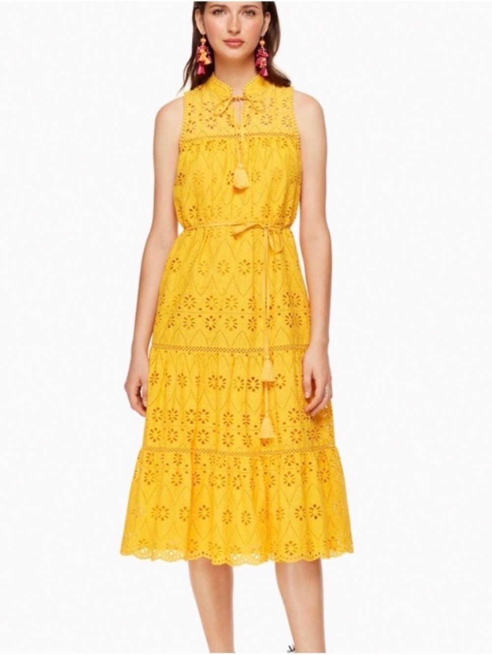 kate spade Yellow Eyelet Midi Dress with Tassel Tie